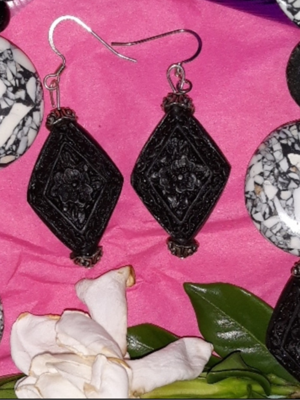 HAND CRAFTED Earrings Black Cinnabar dangles SS  hypoallergenic ear wires NEW